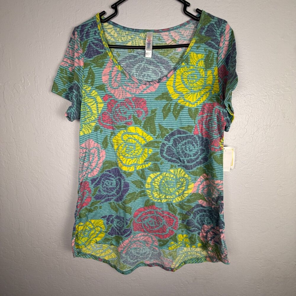 LuLaRoe Women’s L Classic T NWT Teal Floral Rose Multicolor Short Sleeve Top